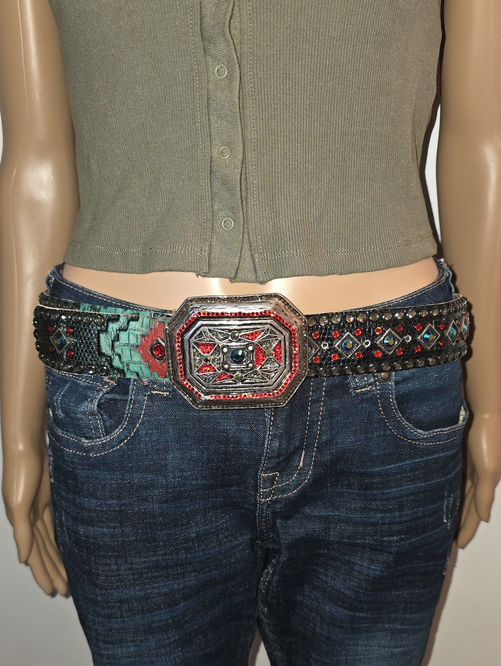 Kippys Embroidered Southwestern Beaded Belt with Decorative Buckle - Green/Red